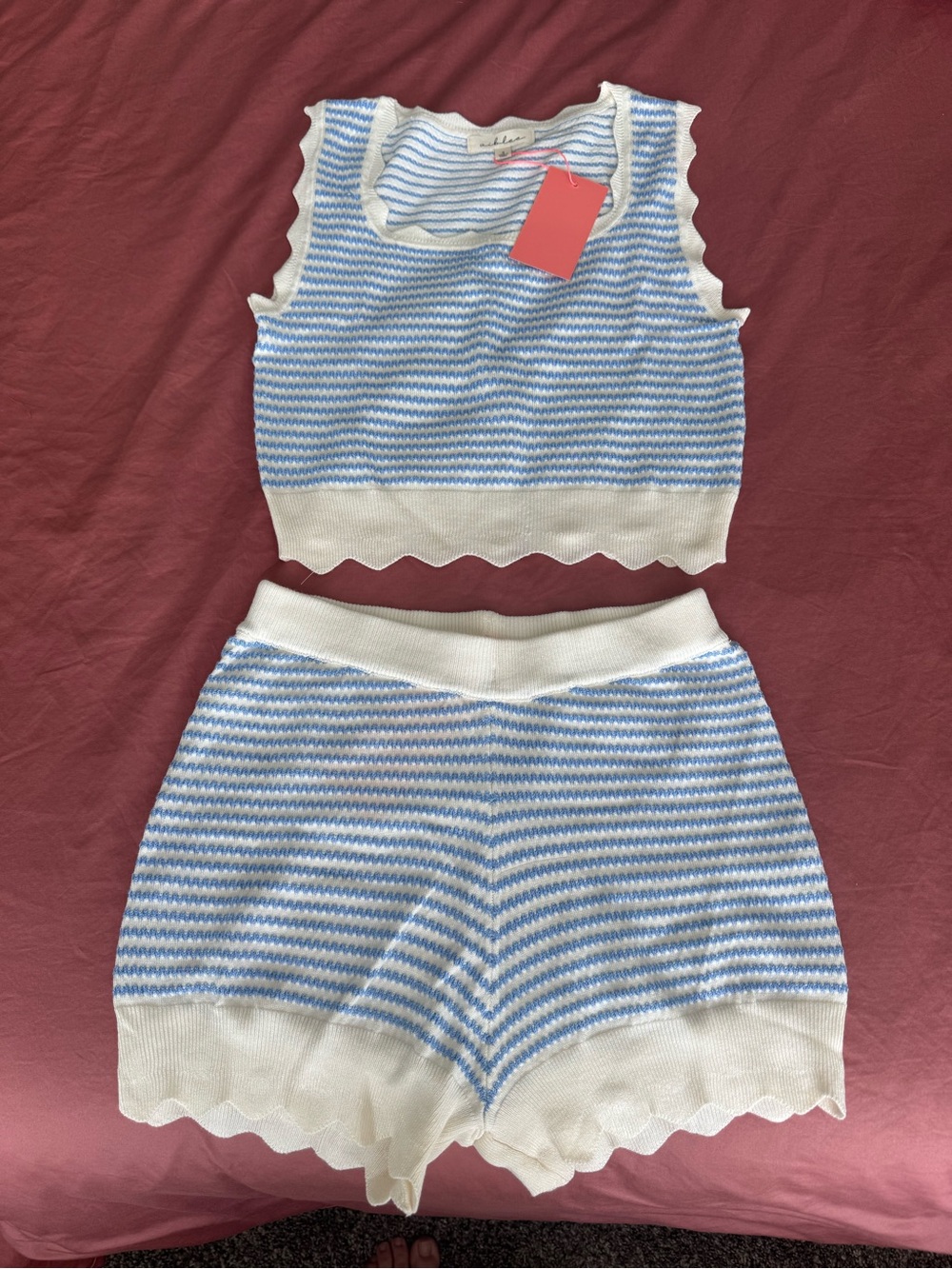 Striped Knit Crop Tank & Shorts Set in Blue and White